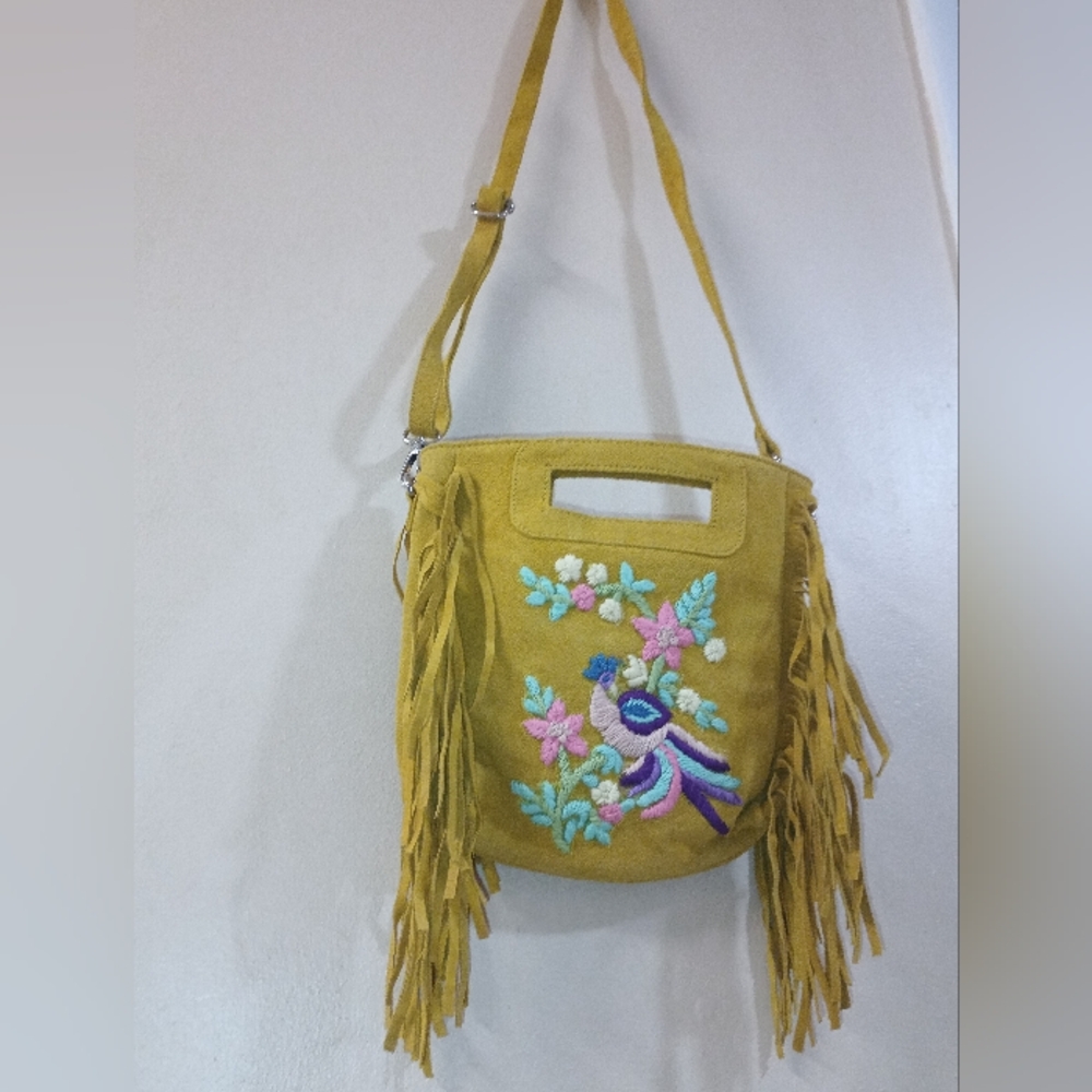 Embroidered Yellow Crossbody Bag with Fringe - Picture 8 of 14